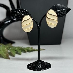 Cream Enamel Gold Tone Half Hoop Earrings